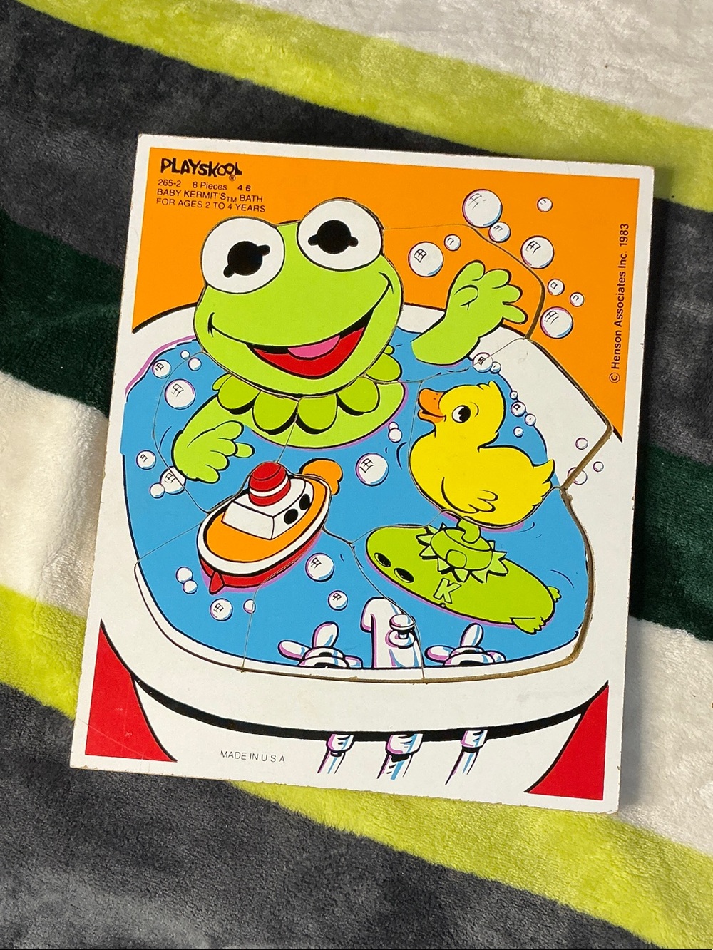 Vintage 1993 Playskool Wooden Puzzle Baby Kermit Bath Time 8 Piece Toy 265-2